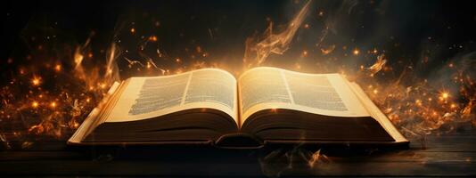 A shot of Open book with burning pages and city on background. 3d rendering Generative AI photo
