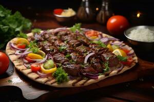 Grilled meat kebab with vegetables on a wooden board. Generative AI photo