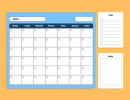 monthly calendar planner, blank note and to do list template vector