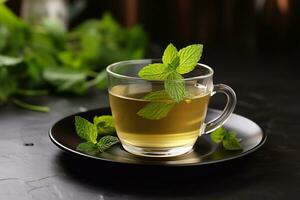 A image of Cup of green tea with mint leaves on dark background, closeup Generative AI photo