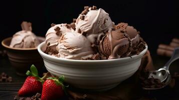 a shot of Chocolate ice cream with chocolate topping in a bowl on black background Generative AI photo