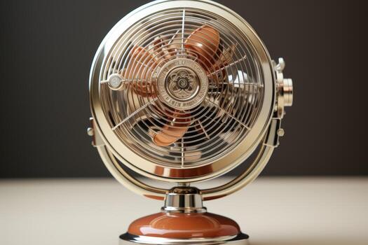 A photo of Modern electric fan on table in room, closeup. Summer heat old fan style Generative AI