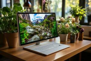 moderno y lujo computadora pantalla con blanco pantalla y café taza en de madera mesa en oficina generativo ai foto