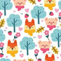 seamless pattern cartoon fox and pig with plant and flowers. cute illustration design. animal pattern for gift wrap paper vector