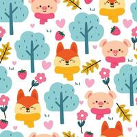 seamless pattern cartoon fox and pig with plant and flowers. cute illustration design. animal pattern for gift wrap paper vector