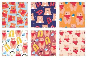 set of seamless pattern bundle, pattern collection cartoon bear. cute wallpaper collection for gift wrap paper, fabric print vector