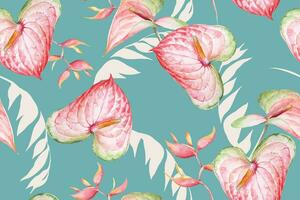 Seamless pattern of leaves,anthurium, tropical plant painted in watercolor.For fabric and wallpaper designs from the forest.Natural Vantage Pattern Background. vector