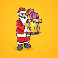 Ilustracion de Papa Noel que lleva apilado regalo cajas vector