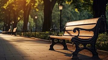 Bench in the park in autumn. Selective focus on bench garden on background Generative AI photo