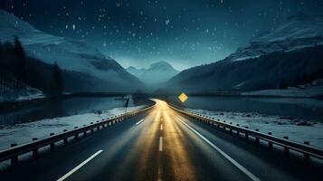 Asphalt road through the snowy mountains at night. 3d rendering Generative AI photo