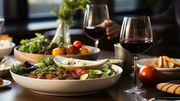 imagen de cerca arriba de carne de vaca filete con vegetales y vino en mesa en restaurante generativo ai foto