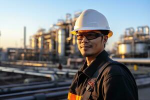 frente ver retrato de joven asiático masculino ingeniero vistiendo la seguridad casco y en pie en contra petróleo refinería antecedentes. generativo ai foto