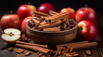 Bowl with cinnamon sticks, apples and spices on dark wooden background Generative AI photo