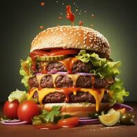 A photo of Big tasty hamburger with flying ingredients on wooden table on dark background Generative AI