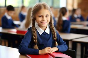 un Disparo de linda pequeño niña sentado a colegio escritorio en aula, en borroso antecedentes generativo ai foto