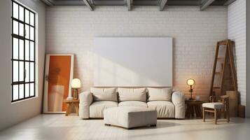 imagen de interior de moderno vivo habitación con blanco ladrillo muro, sofá y café mesa. burlarse de arriba póster. 3d representación generativo ai foto