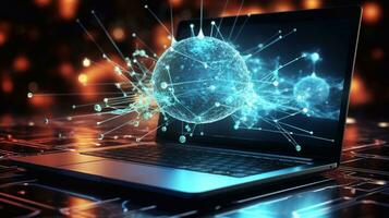 Laptop with abstract global network hologram on blurry background Generative AI photo