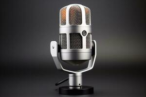 un imagen de 3d representación de un micrófono en un gris antecedentes. estudio disparo. transmisión, radio, hablar, cantar, voz, mic y habla concepto generativo ai foto