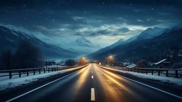 a picture of Asphalt road through the snowy mountains at night. 3d rendering Generative AI photo