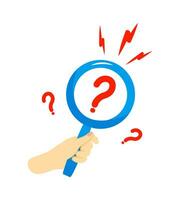 Loupe in hand with question mark, cartoon flat vector illustration isolated on white background. Web faq concept.