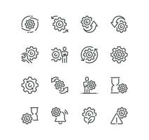 Set of gear related icons, settings, process, engineering, fix and linear variety vectors. vector