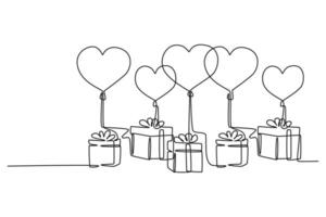 Single continuous line drawing cute five gifts box tied with ribbon tape and flying heart shaped gas balloon. Romantic marriage proposal gift concept. One line draw graphic design vector illustration