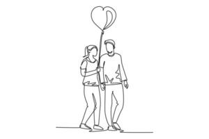 Single one line drawing young happy man and woman couple take a walk at public park together and holding heart shape balloon. Marriage anniversary. Continuous line design graphic vector illustration