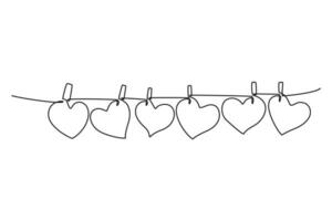 Continuous one line drawing cute heart shape paper hanged on the rope with clothesline. Romantic relationship love marriage greeting card concept. Single line draw design vector graphic illustration