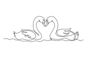 Single continuous line drawing of cute swans couple swimming on lake and their heads formed romantic heart shape. Romantic animal love concept. Dynamic one line draw graphic design vector illustration