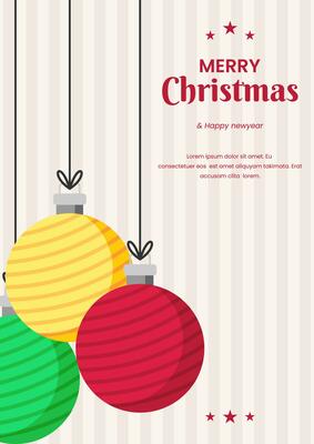 Merry Christmas poster template design with striped background and vector Christmas lights