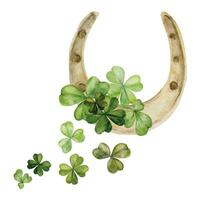 Watercolor hand drawn illustration, Saint Patrick holiday. Green lucky clover shamrock leaves, gold horseshoe. Ireland tradition. Isolated on white background. For invitations, print, website, cards. vector