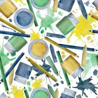 Watercolor hand drawn illustration, kids children painting materials supplies, green blue yellow stationery, splashes. Seamless background isolated on white. For school, party, shop, print, website vector