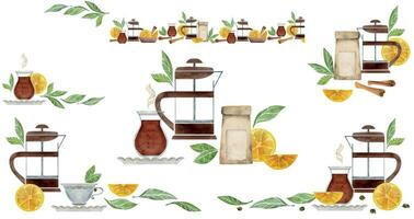 Watercolor hand drawn illustration. Teaware, tea lemon cinnamon dishes package. Set of compositions. Isolated on white background. For invitations, cafe, restaurant food menu, print, website, cards vector