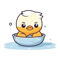 Cute little chicken in a bowl of water. Vector illustration.