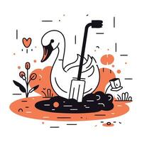 Swan with a shovel. Vector illustration in flat linear style.