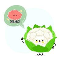 Cauliflower with speech bubble and brain character. Vector hand drawn cartoon kawaii character illustration. Isolated white background. Cauliflower poster and brain