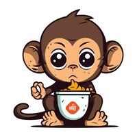 Monkey with a bowl of noodle. Cartoon vector illustration.