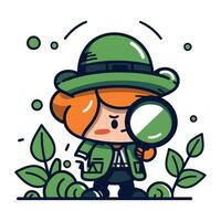 Cute little scout girl with magnifying glass. Vector illustration.