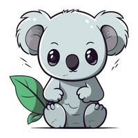 Cute cartoon koala with a green leaf. Vector illustration.