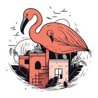 Flamingo in front of the old castle. Vector illustration.