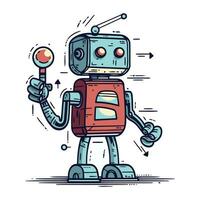 Retro robot with a magnifying glass. Vector illustration in line art style.
