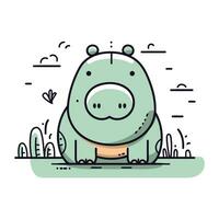 Cute hippo in the park. Vector illustration in flat style