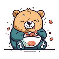 Cute bear with bowl of food. Vector illustration in cartoon style.