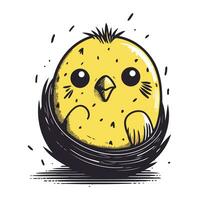 Cute yellow chicken in the nest. Hand drawn vector illustration.