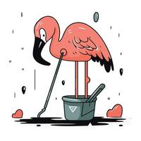 Flamingo in the rain. Vector illustration in cartoon style.