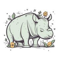 Cute rhinoceros with flowers and leaves. Vector illustration.