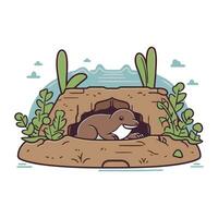 Vector cartoon illustration of a beaver in a hole in the ground.