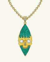 Jewelry design turquoise and diamond set with gold skull pendant hand drawing and painting on paper make graphic vector. vector