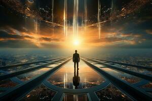 Back view of business man,spiritual journey, psychic waves concept, Generative AI photo