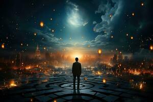Back view of business man,spiritual journey, psychic waves concept, Generative AI photo